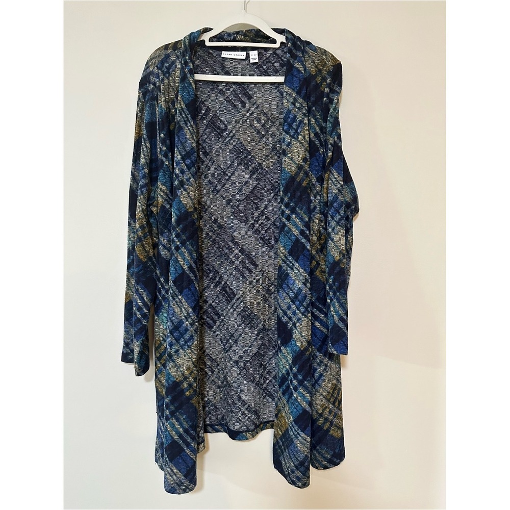 Plaid Cozy Casual Susan Graver Cardigan XLP Blue Gray Open Front Knit